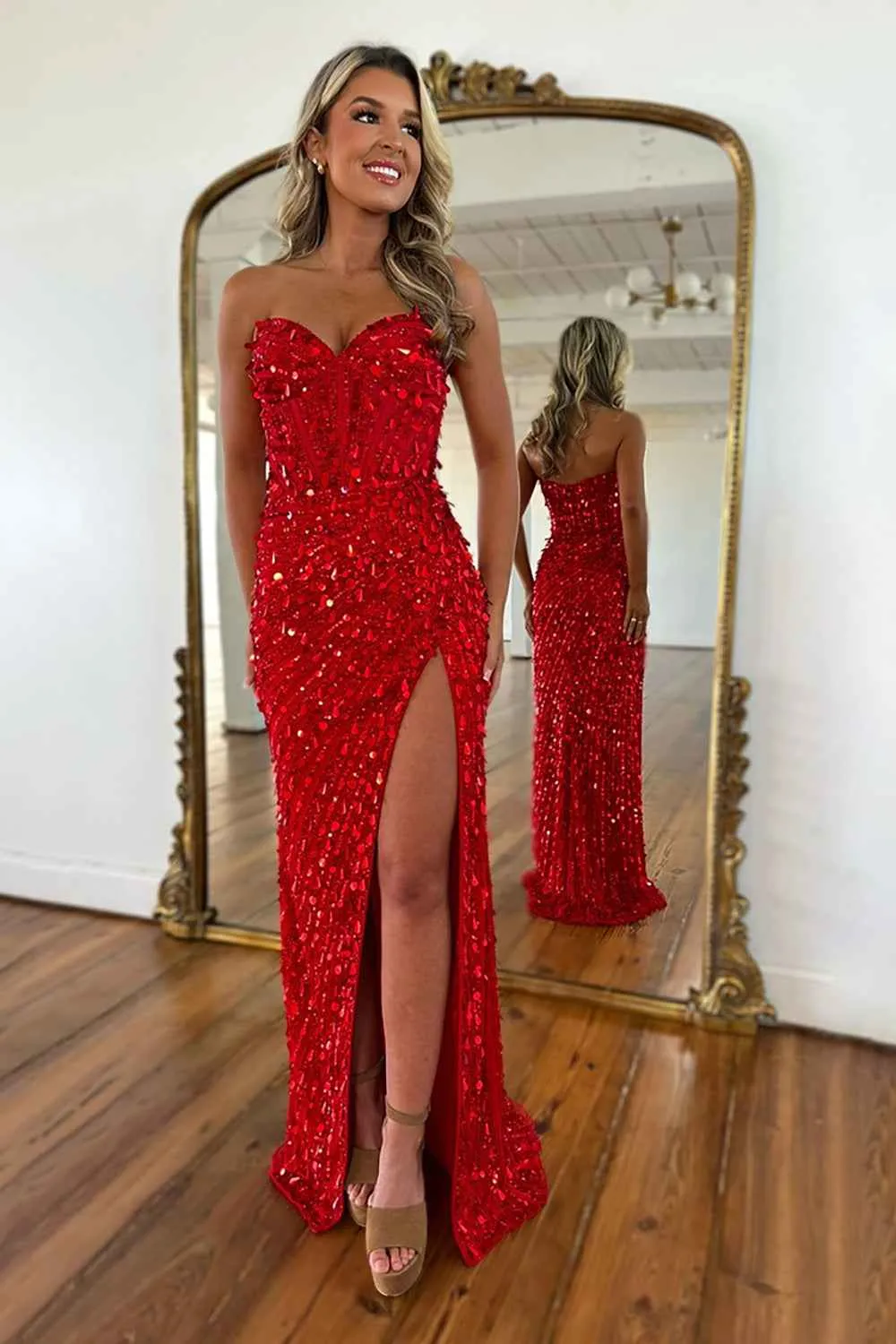 Sparkly Gold Fully Beaded Prom Dress with Deep V Neck Slit and Open Back-LLELLA