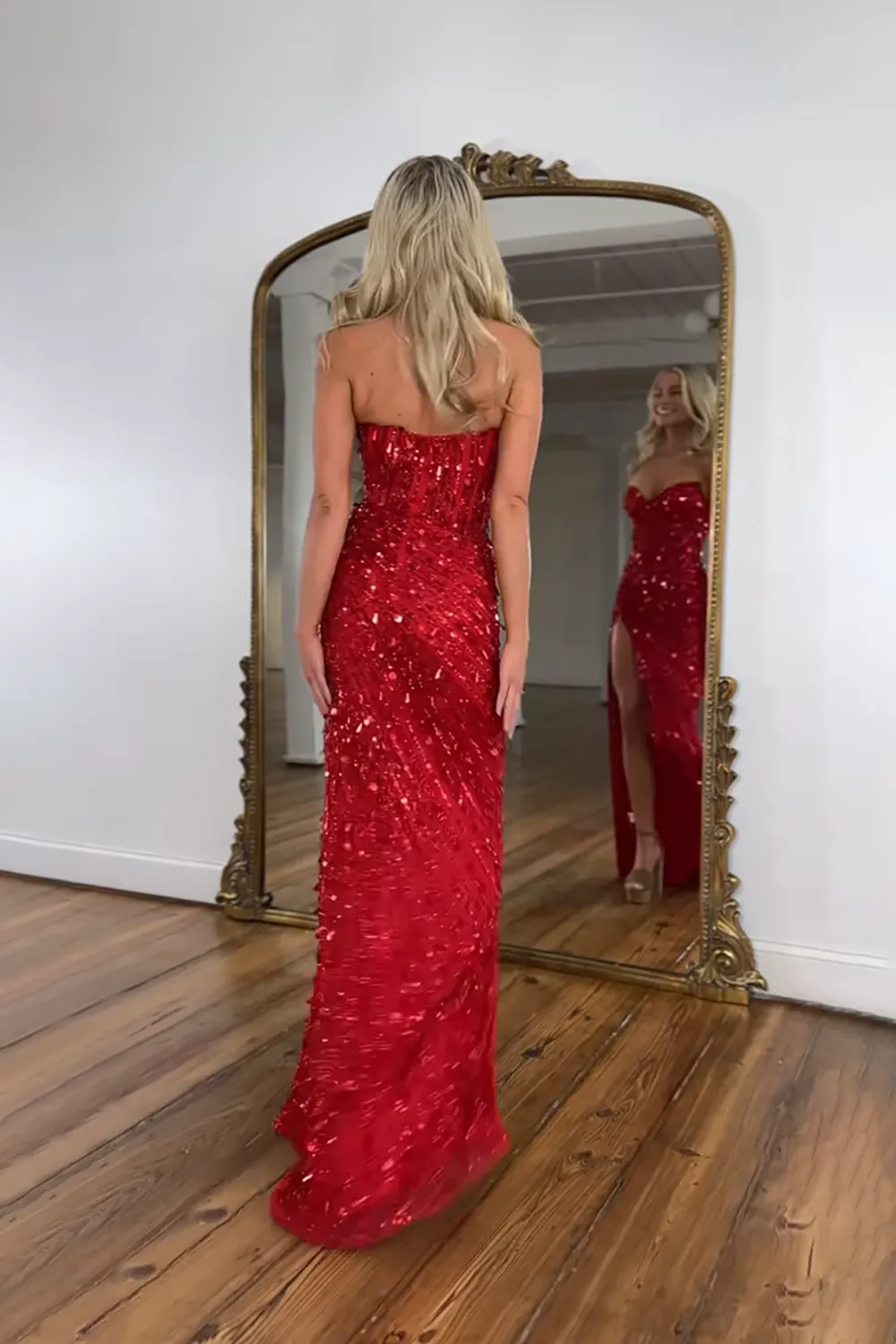 Sparkly Gold Fully Beaded Prom Dress with Deep V Neck Slit and Open Back-LLELLA