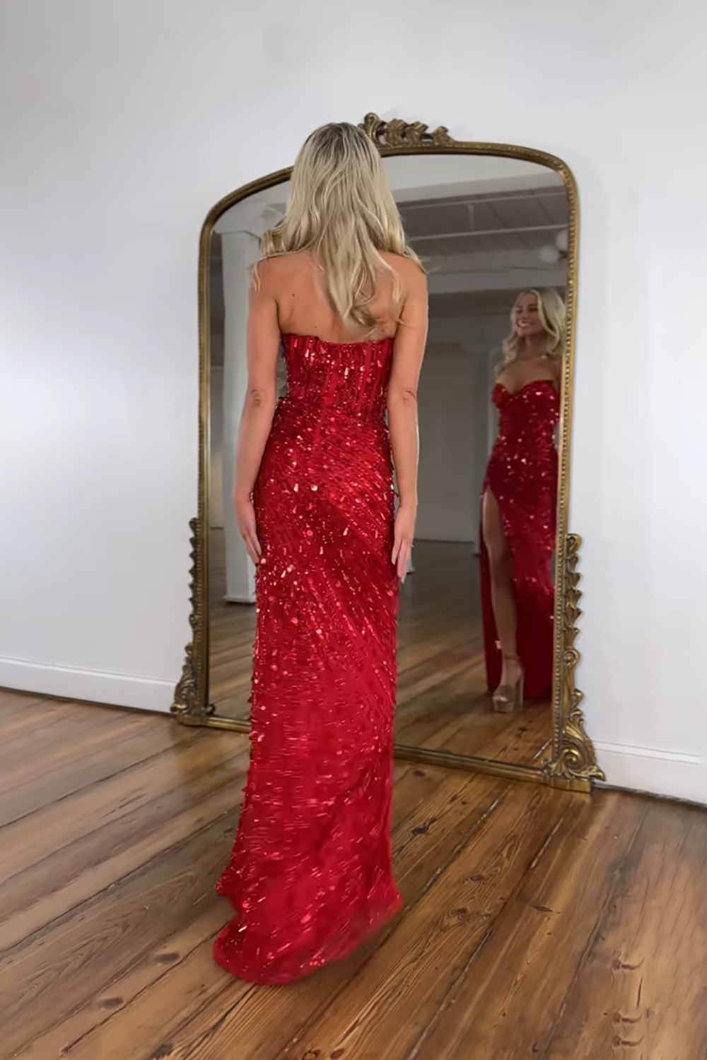 Sparkly Gold Mermaid Sequins Sweetheart Long Corset Prom Dress with Slit-LLELLA