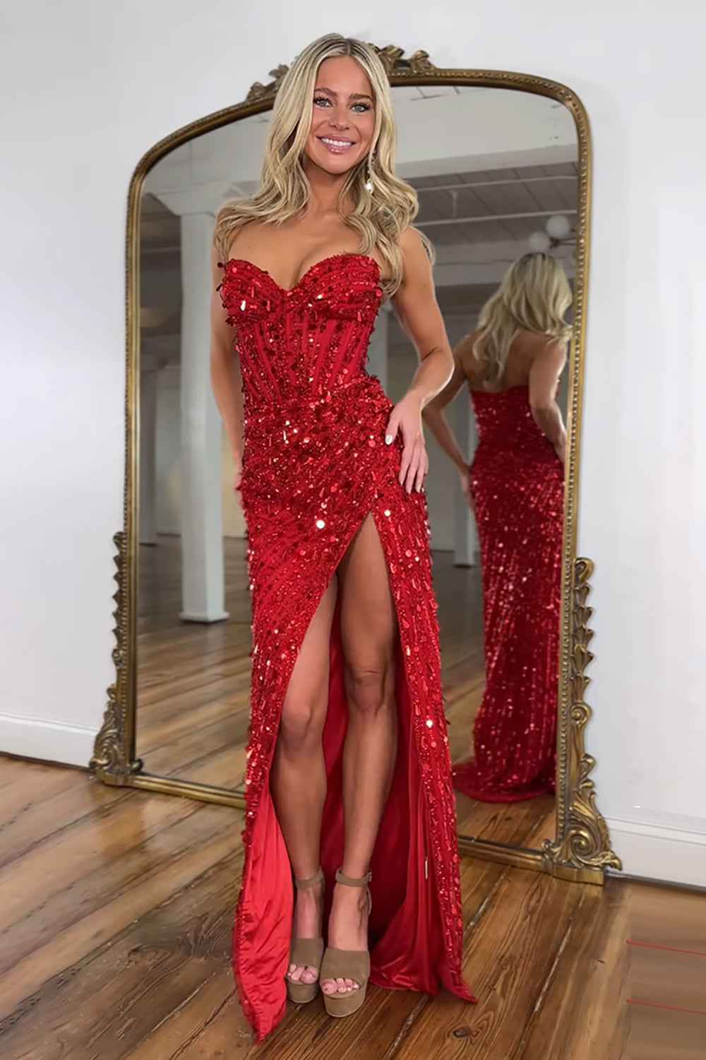 Sparkly Gold Mermaid Sequins Sweetheart Long Corset Prom Dress with Slit-LLELLA