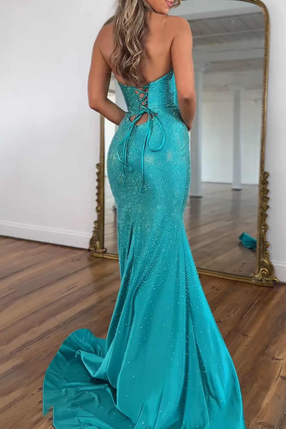 Sparkly Peacock Green Mermaid Satin Keyhole Long Beaded Prom Dress with Slit-LLELLA