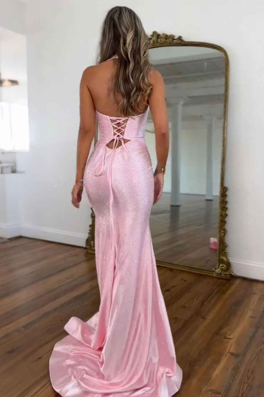Sparkly Peacock Green Mermaid Satin Keyhole Long Beaded Prom Dress with Slit-LLELLA