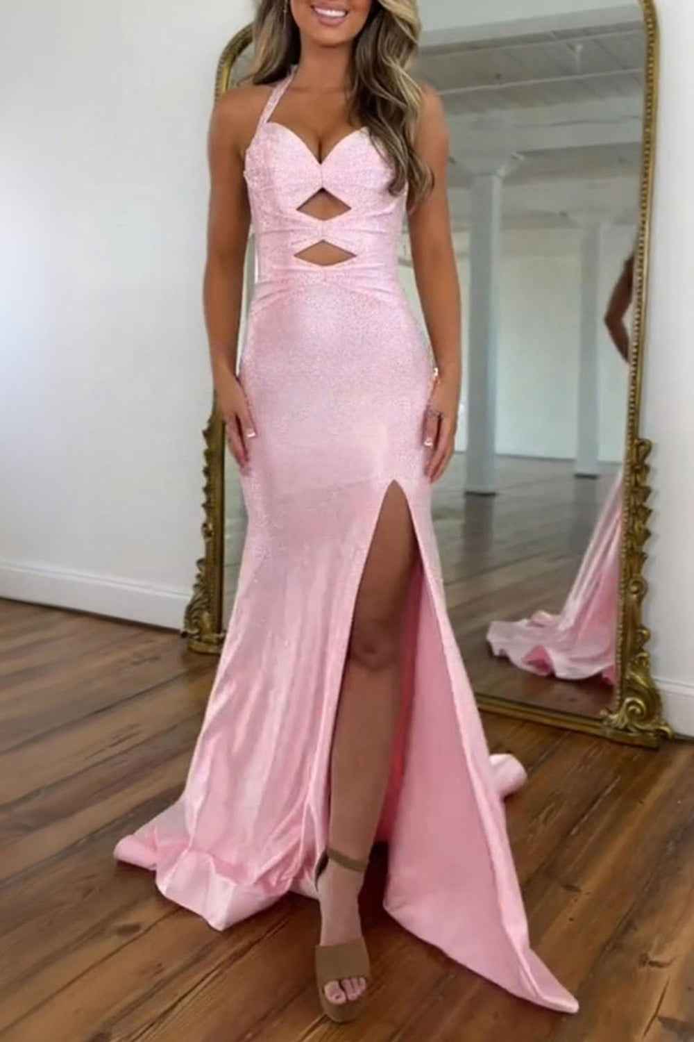 Sparkly Peacock Green Mermaid Satin Keyhole Long Beaded Prom Dress with Slit-LLELLA