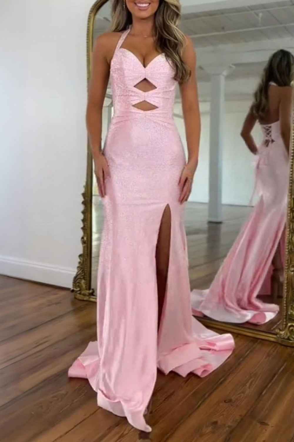 Sparkly Peacock Green Mermaid Satin Keyhole Long Beaded Prom Dress with Slit-LLELLA