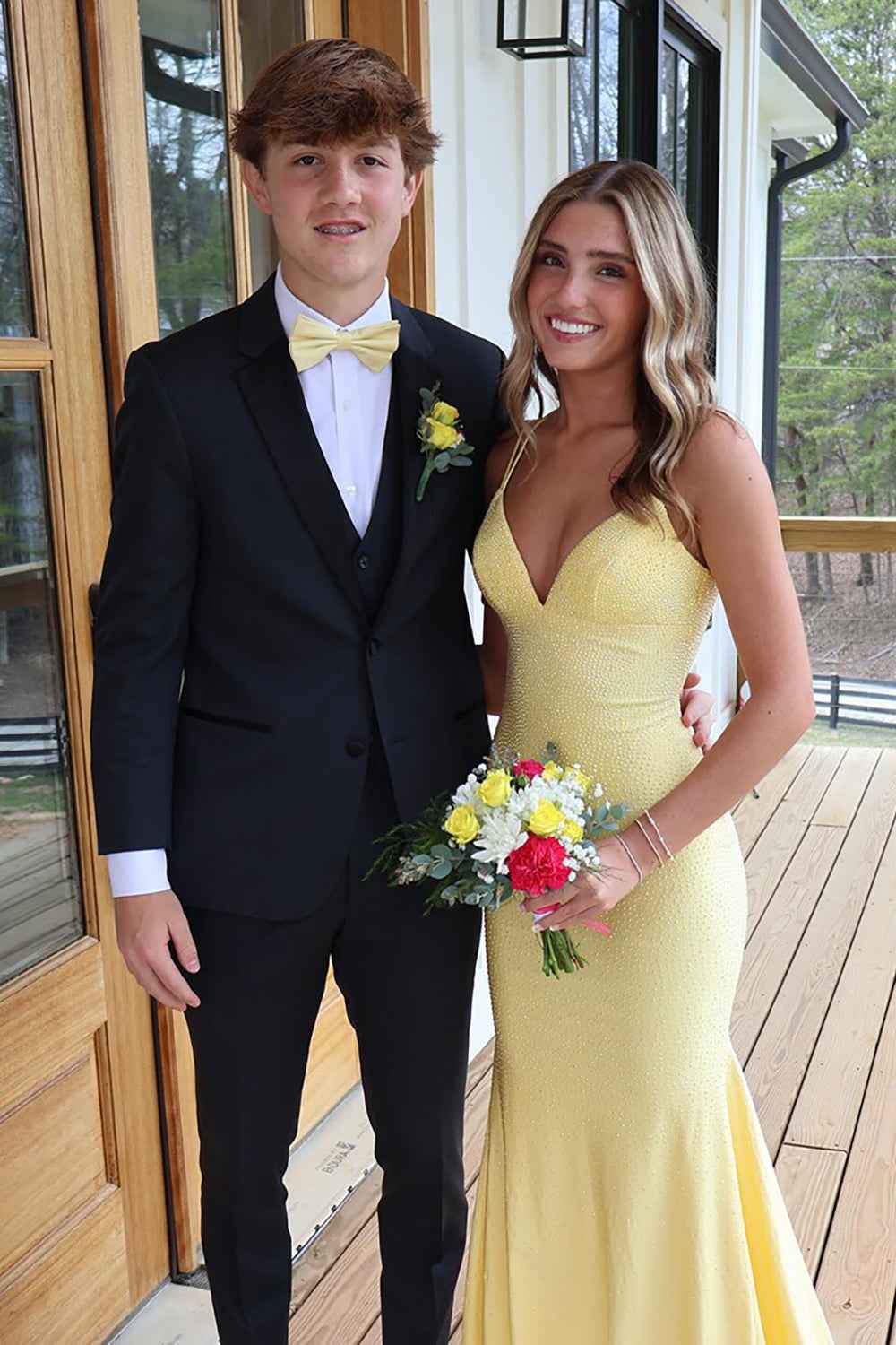 Sparkly Yellow Mermaid Satin V-Neck Long Prom Dress with Beading-LLELLA