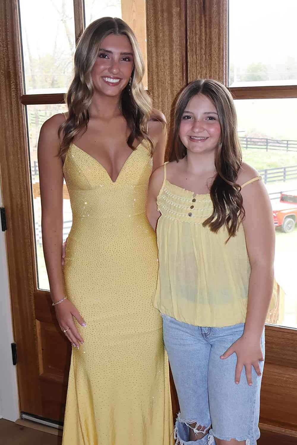 Sparkly Yellow Mermaid Satin V-Neck Long Prom Dress with Beading-LLELLA