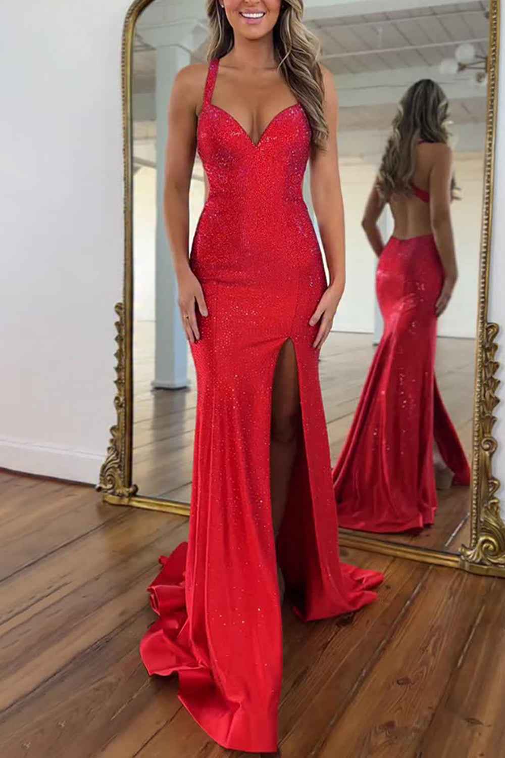 Sparkly Red Mermaid Halter Backless Long Beaded Prom Dress with Slit-LLELLA
