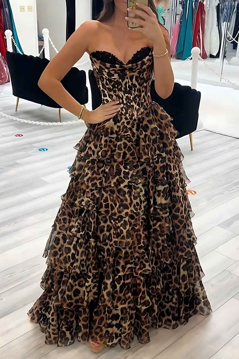 Brown Leopard A-Line Ruffled Sweetheart Long Corset Prom Dress-LLELLA