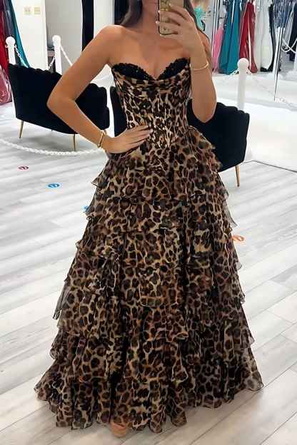 Brown Leopard A-Line Ruffled Sweetheart Long Corset Prom Dress