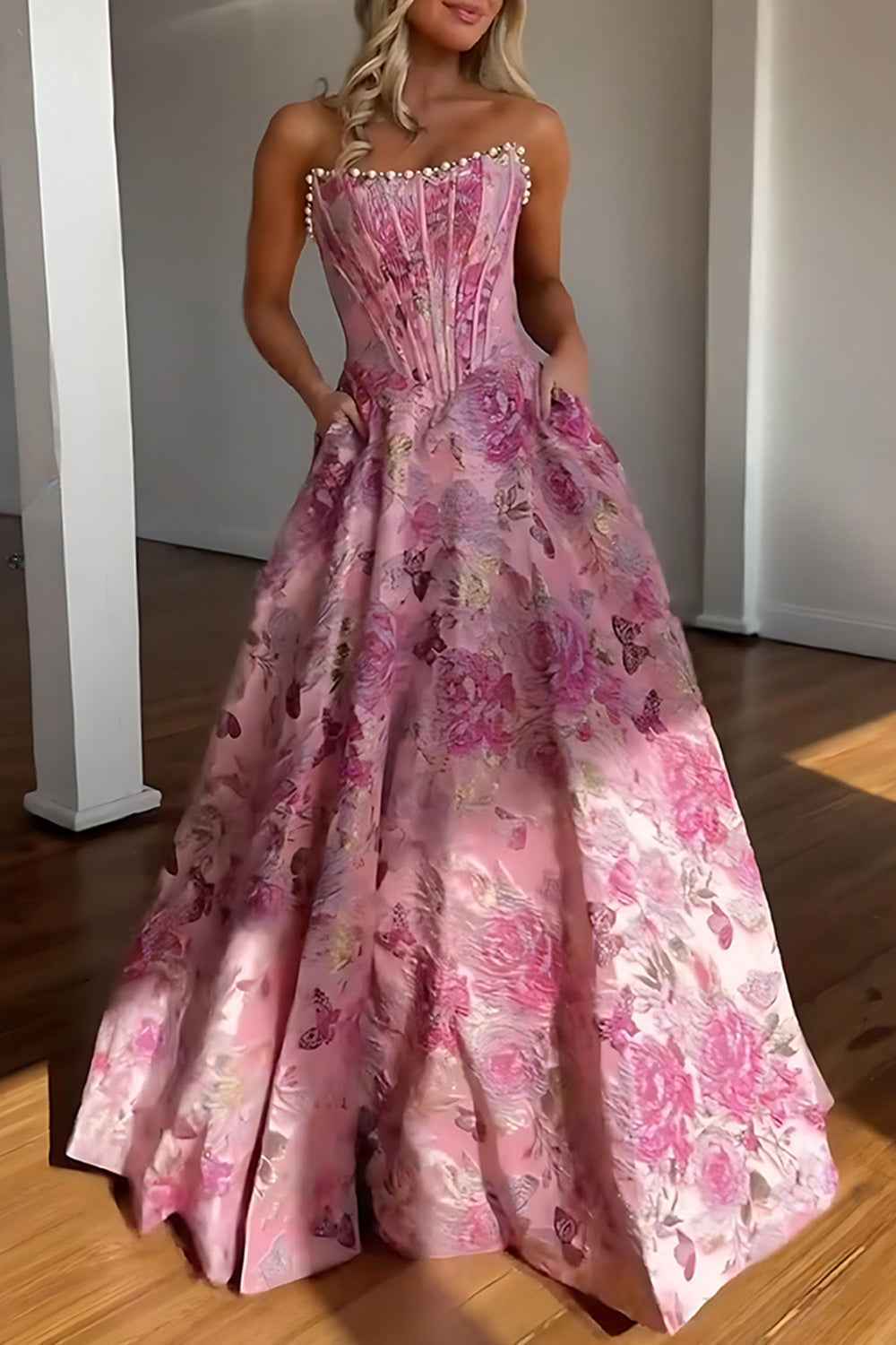 Sparkly Grey Blue Flower Strapless A-Line Long Corset Prom Dress with Beading