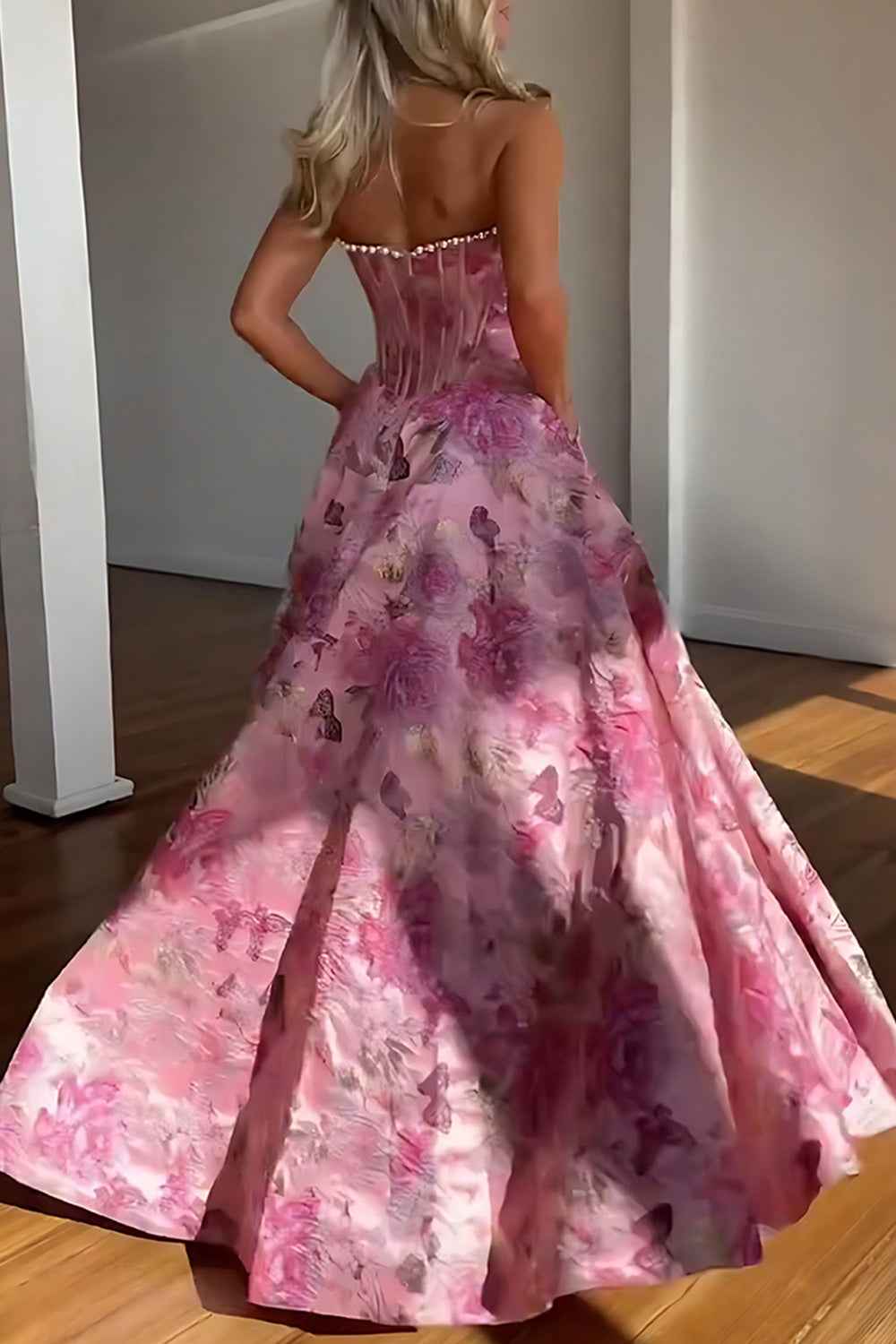 Sparkly Grey Blue Flower Strapless A-Line Long Corset Prom Dress with Beading-LLELLA