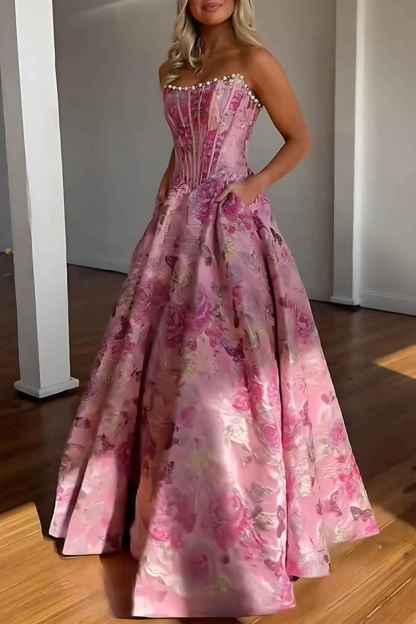 Sparkly Grey Blue Flower Strapless A-Line Long Corset Prom Dress with Beading