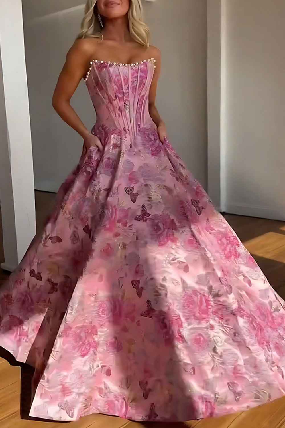 Sparkly Grey Blue Flower Strapless A-Line Long Corset Prom Dress with Beading