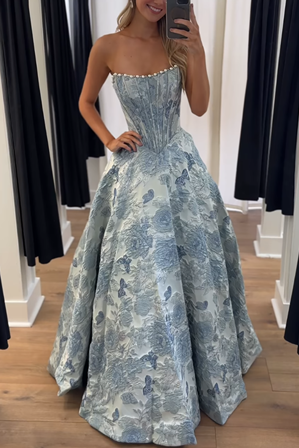 Sparkly Grey Blue Flower Strapless A-Line Long Corset Prom Dress with Beading