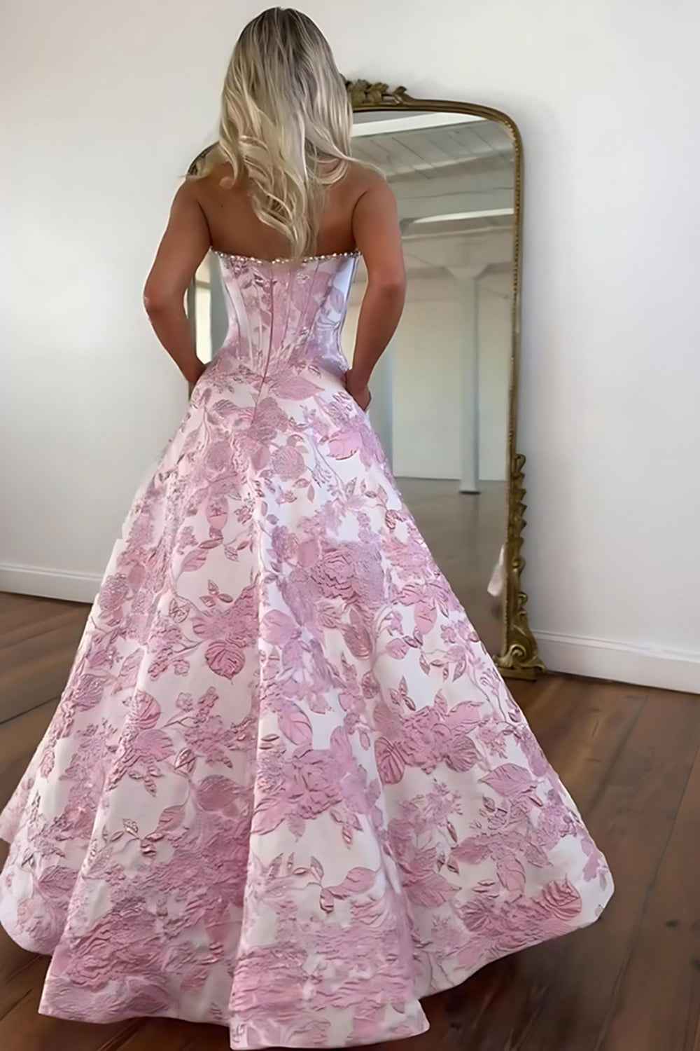 Sparkly Grey Blue Flower Strapless A-Line Long Corset Prom Dress with Beading