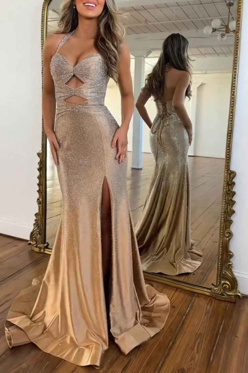 Sparkly Peacock Green Mermaid Satin Keyhole Long Beaded Prom Dress with Slit