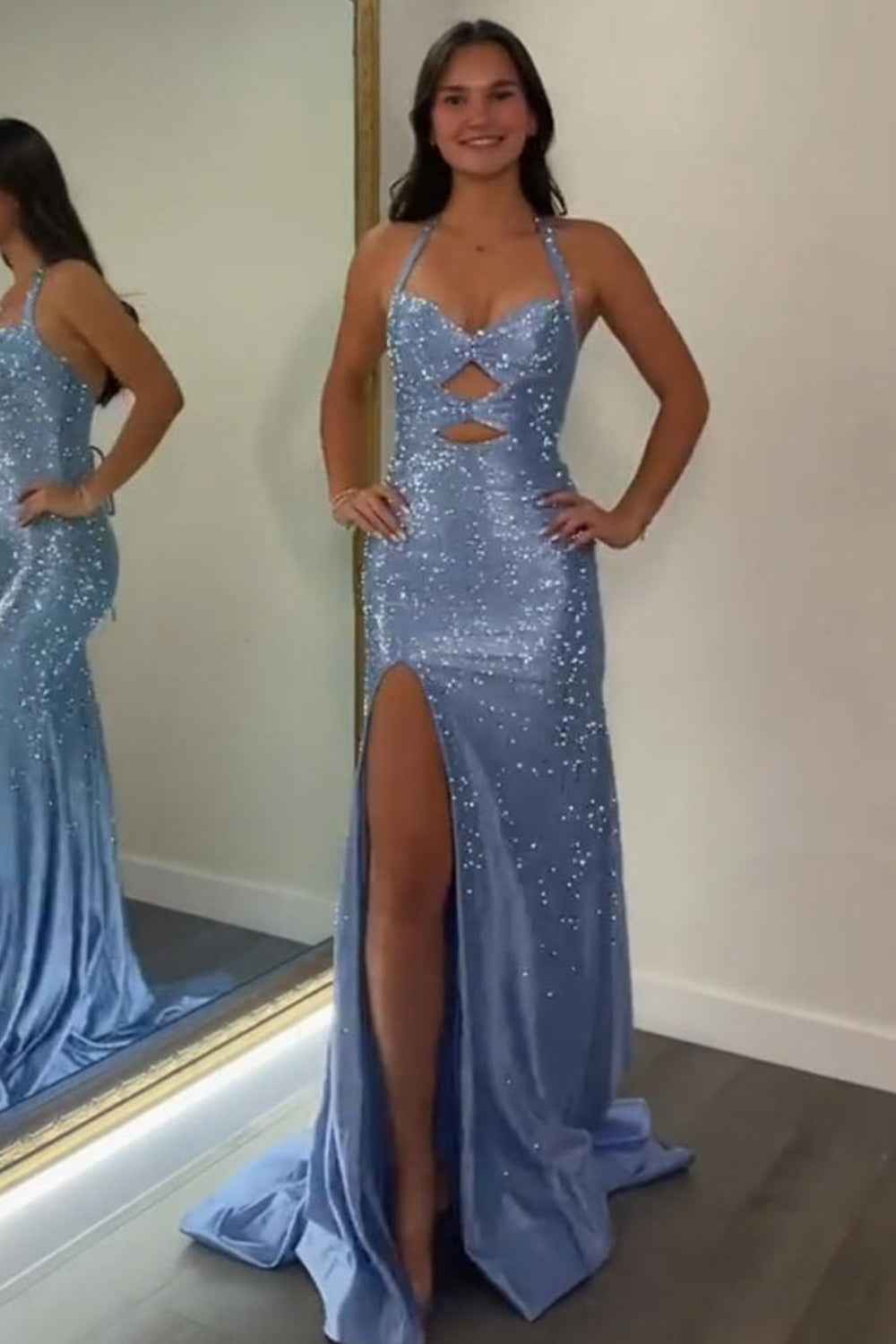 Sparkly Peacock Green Mermaid Satin Keyhole Long Beaded Prom Dress with Slit-LLELLA