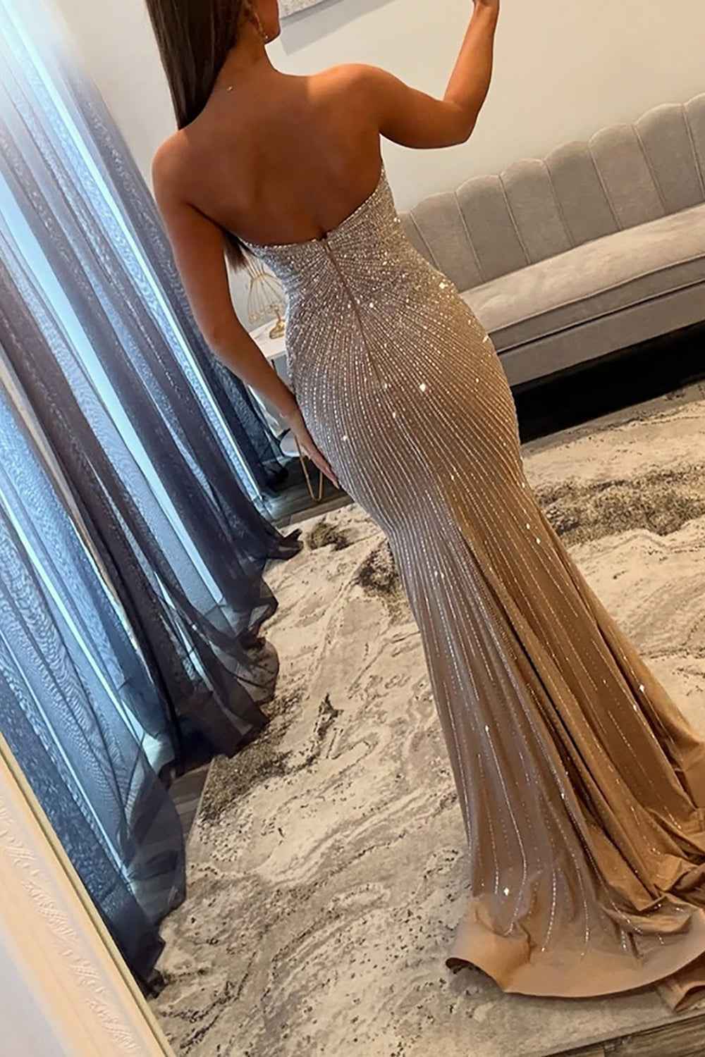 Sparkly Gold Keyhole Mermaid Satin Long Prom Dress with Beading