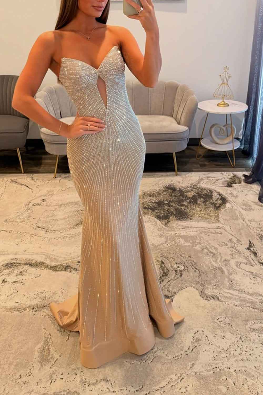 Sparkly Gold Keyhole Mermaid Satin Long Prom Dress with Beading-LLELLA