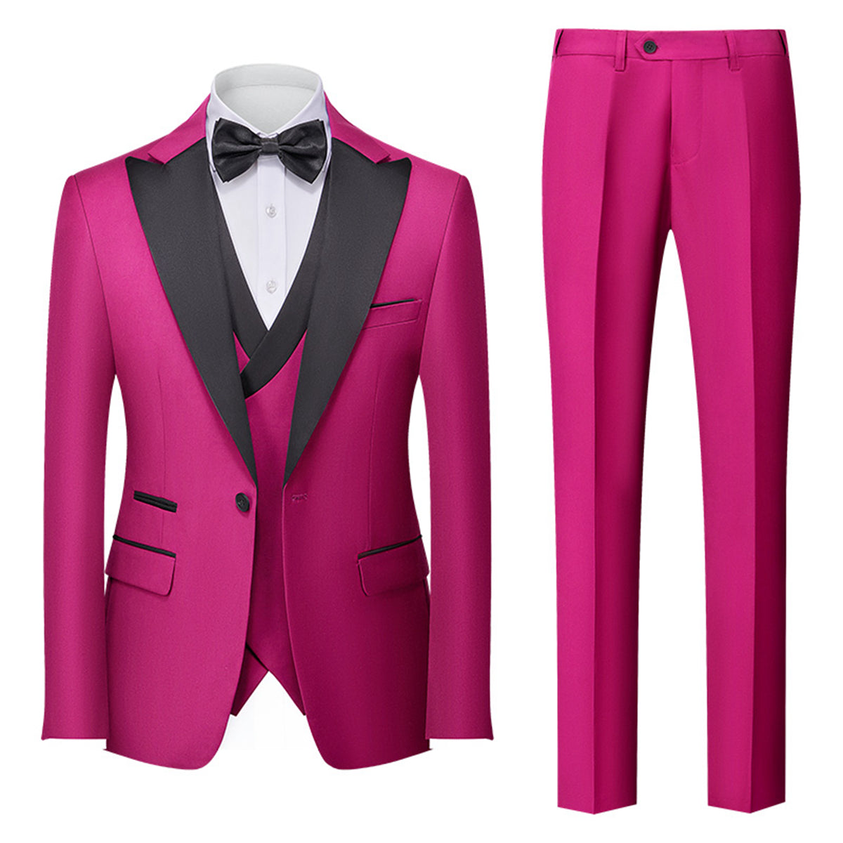 Tailored Fit Single Breasted One-button 3 Pieces Solid Colored Men's Wedding Suits Hot Pink