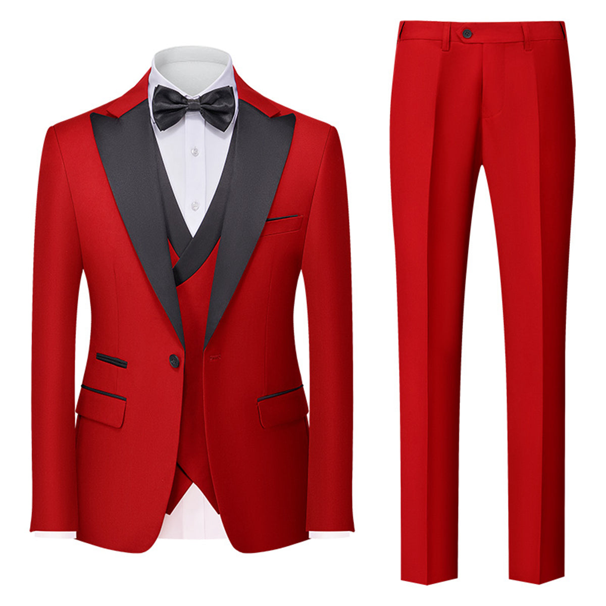Tailored Fit Single Breasted One-button 3 Pieces Solid Colored Men's Wedding Suits Red