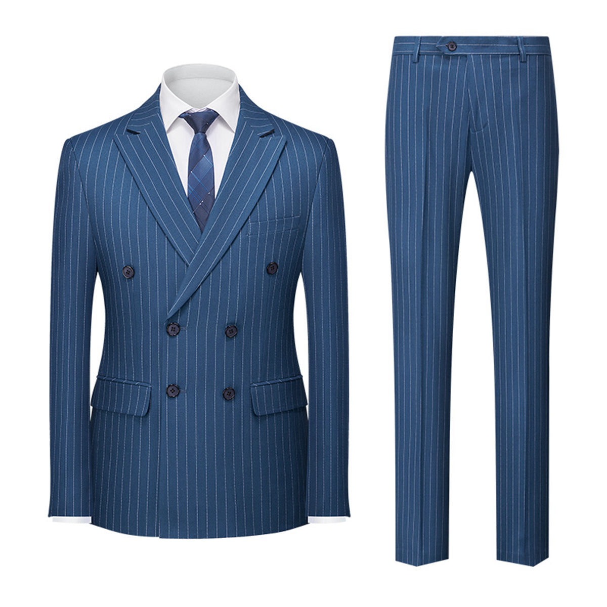 Tailored Fit Double Breasted Six-buttons 2 Pieces Striped Men's Wedding Suits Lake Blue