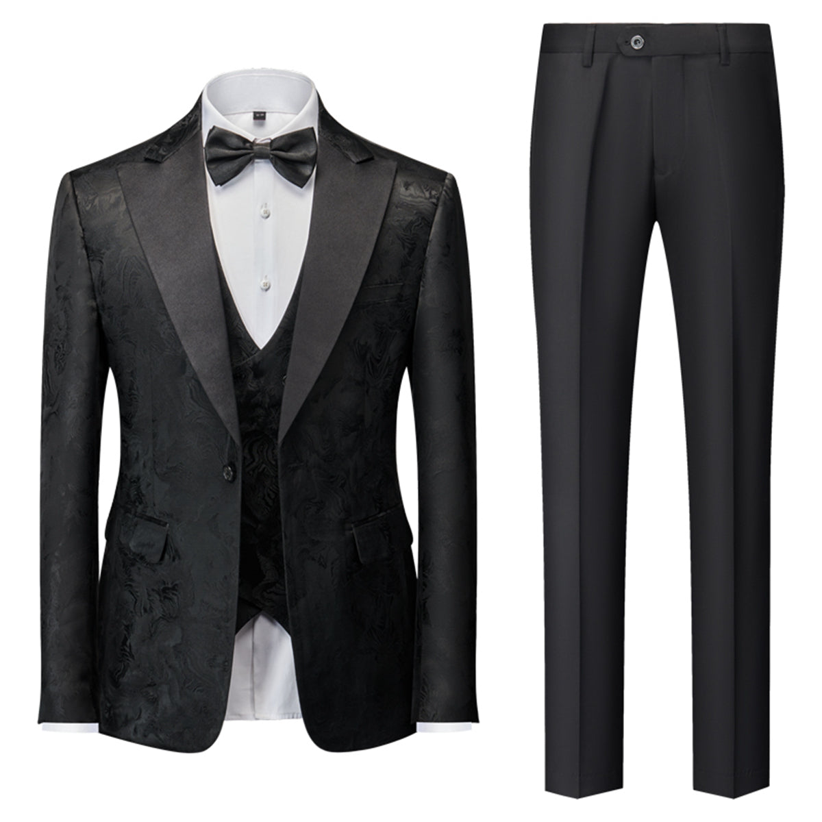Tailored Fit Single Breasted One-button 3 Pieces Printed Men's Wedding Suits Black