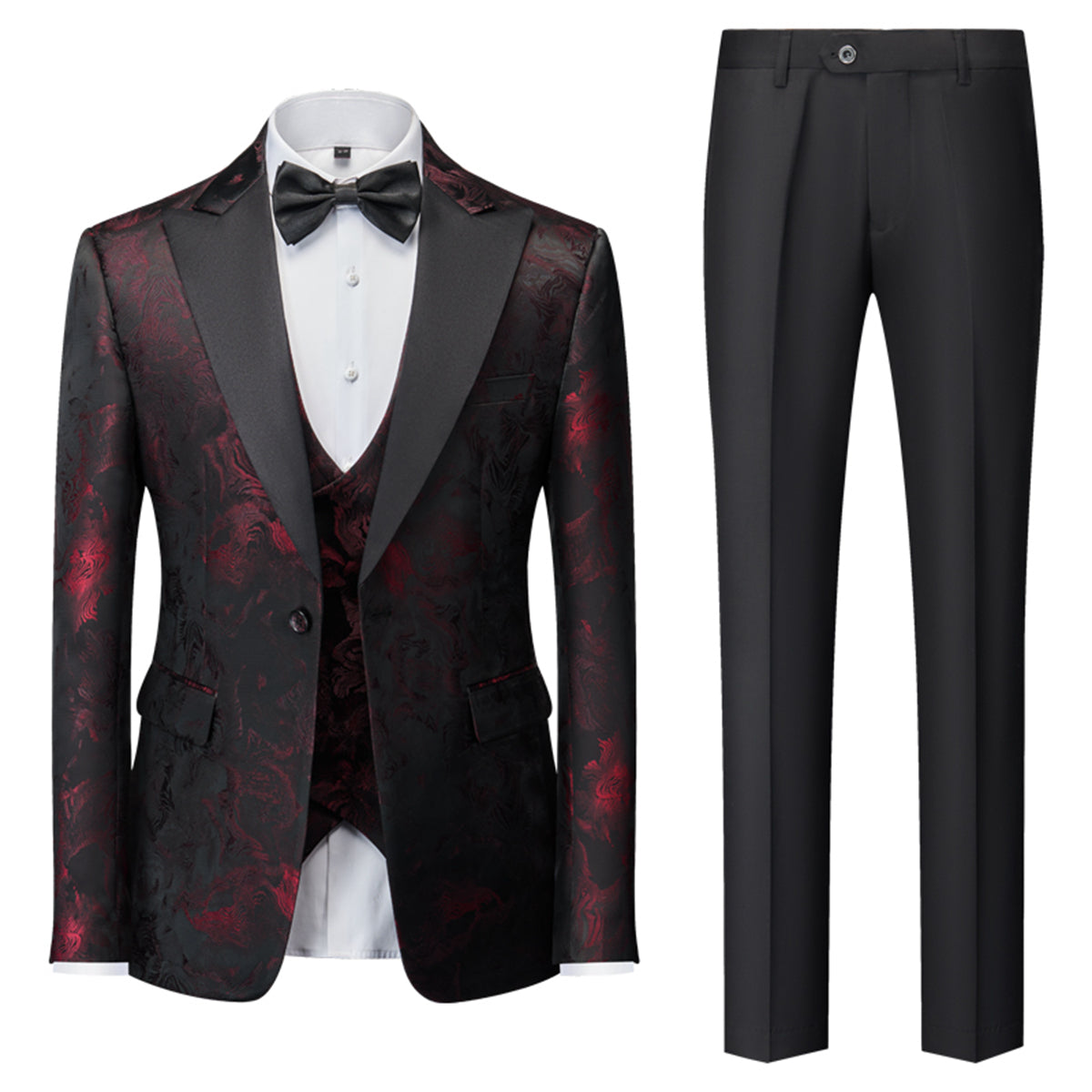 Tailored Fit Single Breasted One-button 3 Pieces Printed Men's Wedding Suits Burgundy