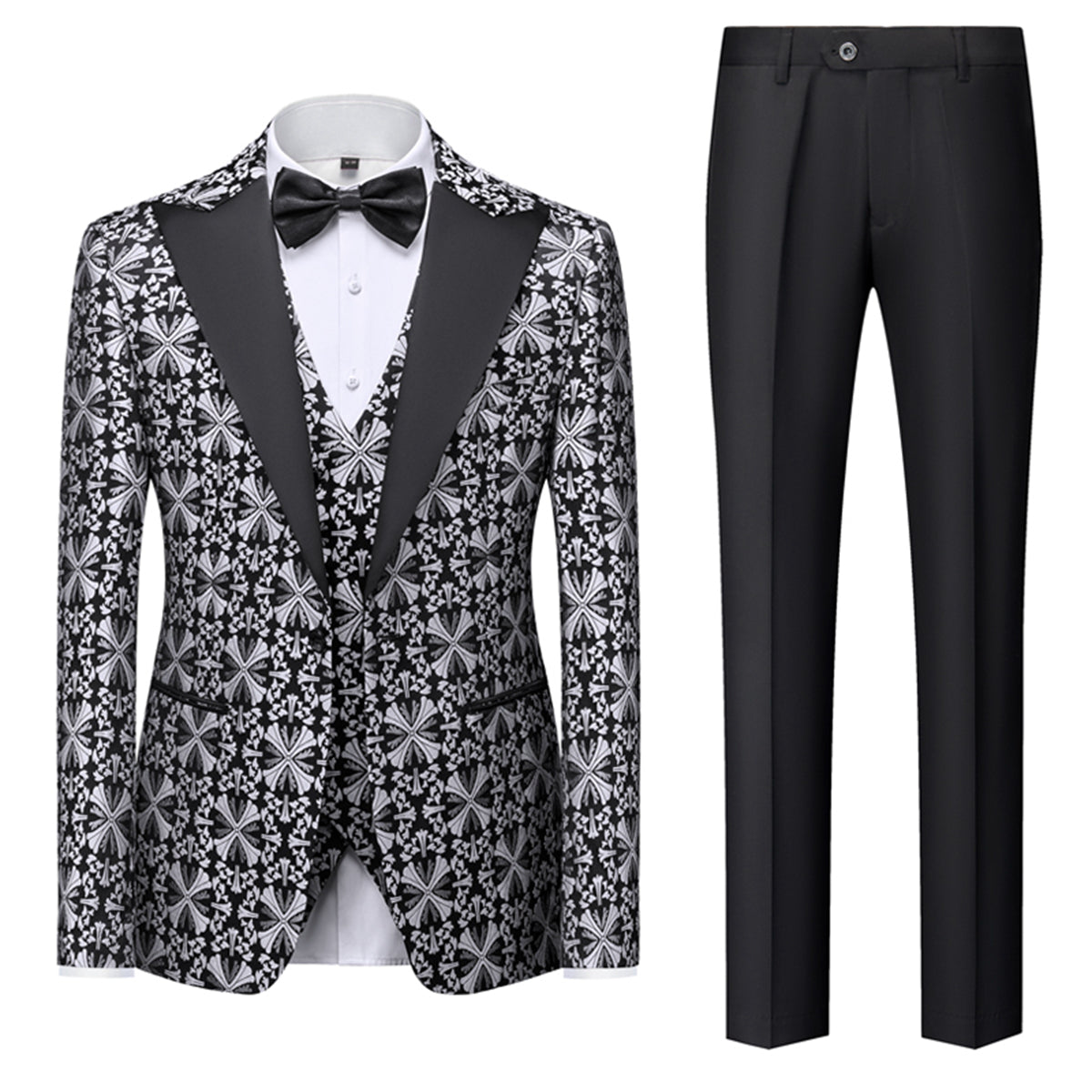 Tailored Fit Single Breasted One-button 3 Pieces Printed Men's Prom Party Suits Silver