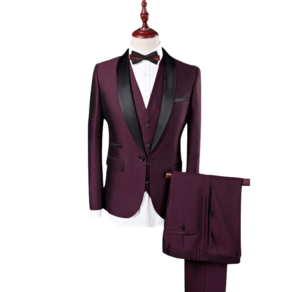 Tailored Fit Single Breasted One-button 3 Pieces Solid Colored Men's Wedding Suits Burgundy