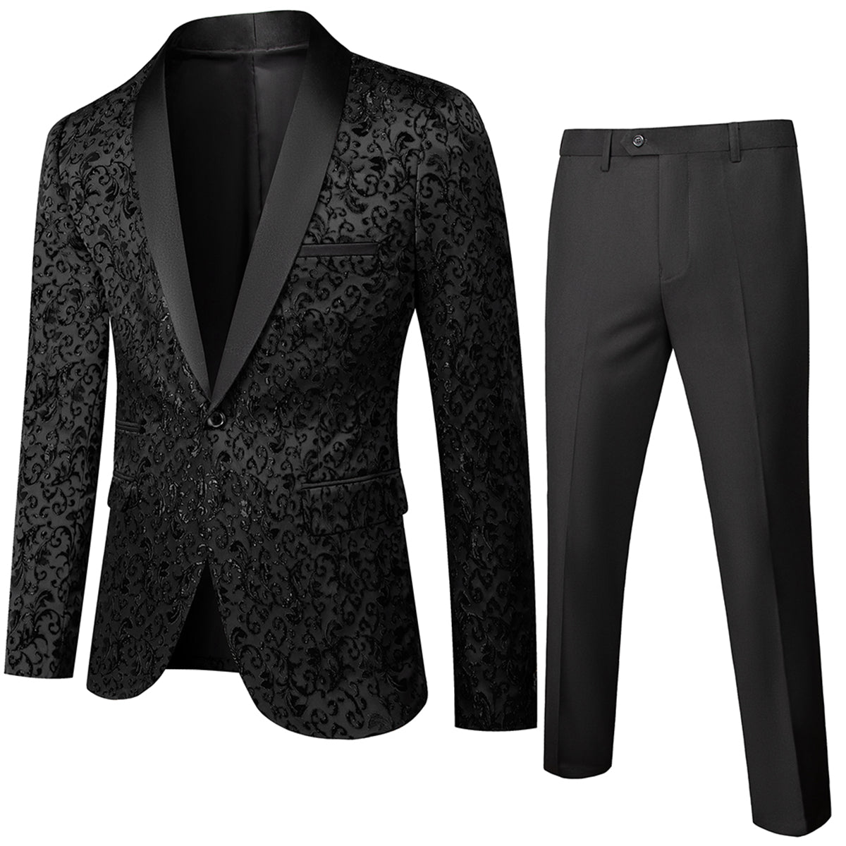 Tailored Fit Single Breasted One-button 2 Pieces Printed Men's Prom Party Suits Black