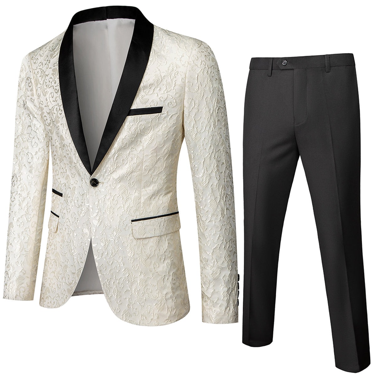 Tailored Fit Single Breasted One-button 2 Pieces Printed Men's Prom Party Suits Ivory