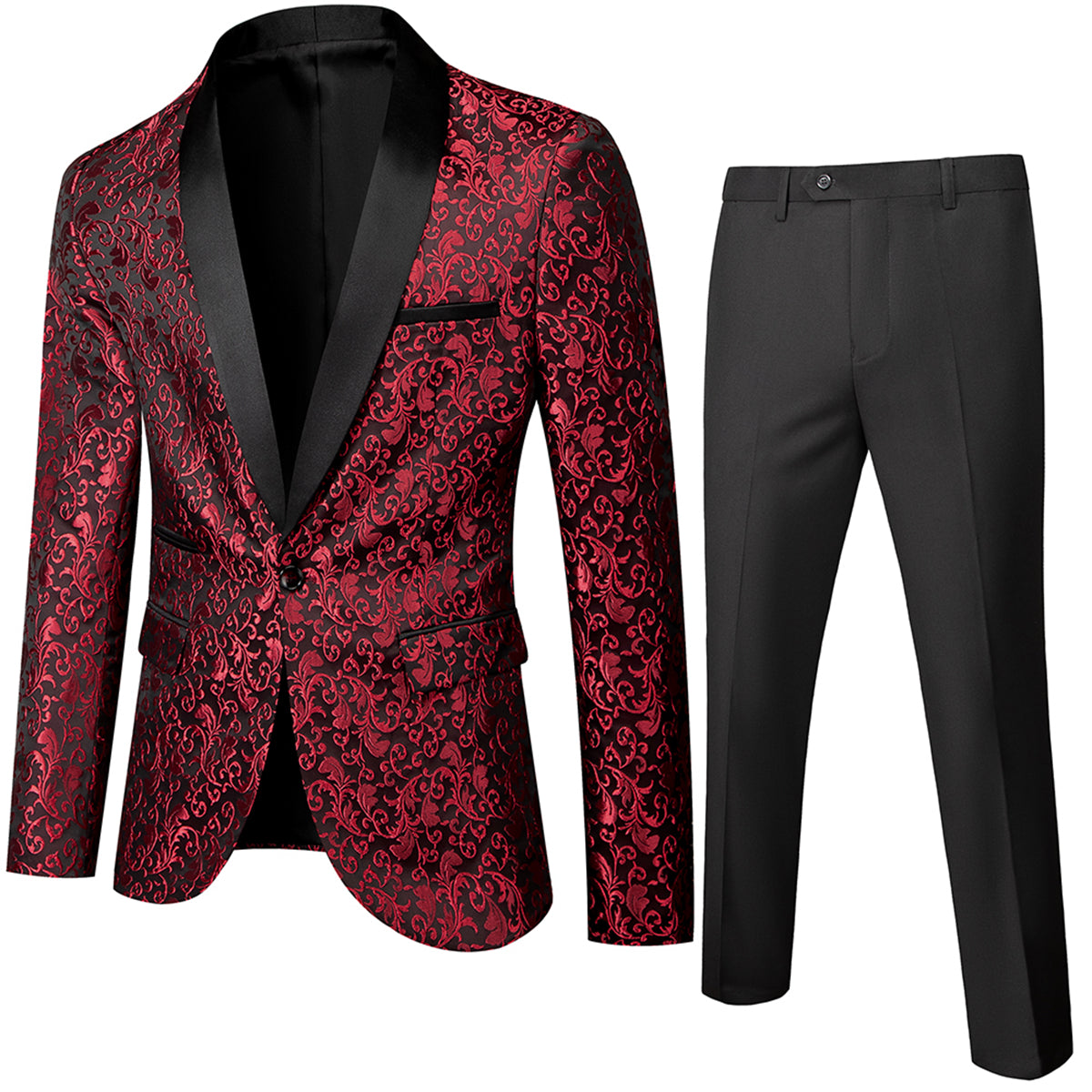Tailored Fit Single Breasted One-button 2 Pieces Printed Men's Prom Party Suits Red
