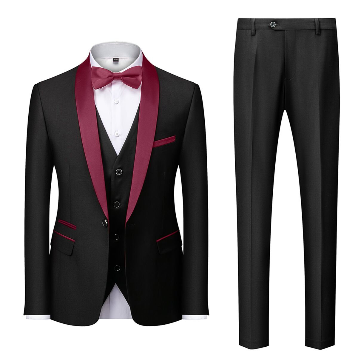 Blue Burgundy Gray Red Black Men's Tailored Fit Single Breasted One-button 3 Pieces Solid Colored Wedding Suits Red