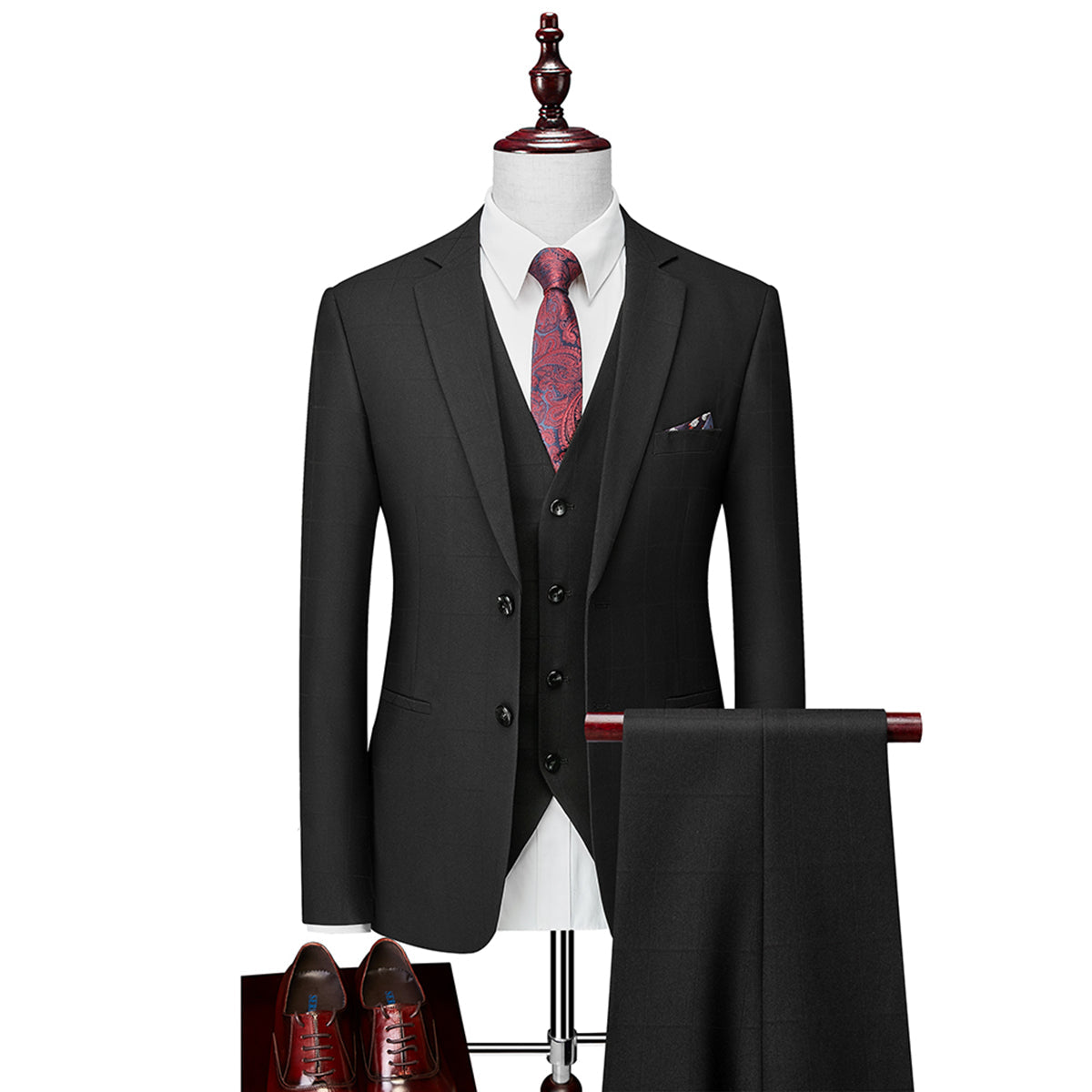 Tailored Fit Single Breasted Two-buttons 3 Pieces Plaid Men's Wedding Suits Black