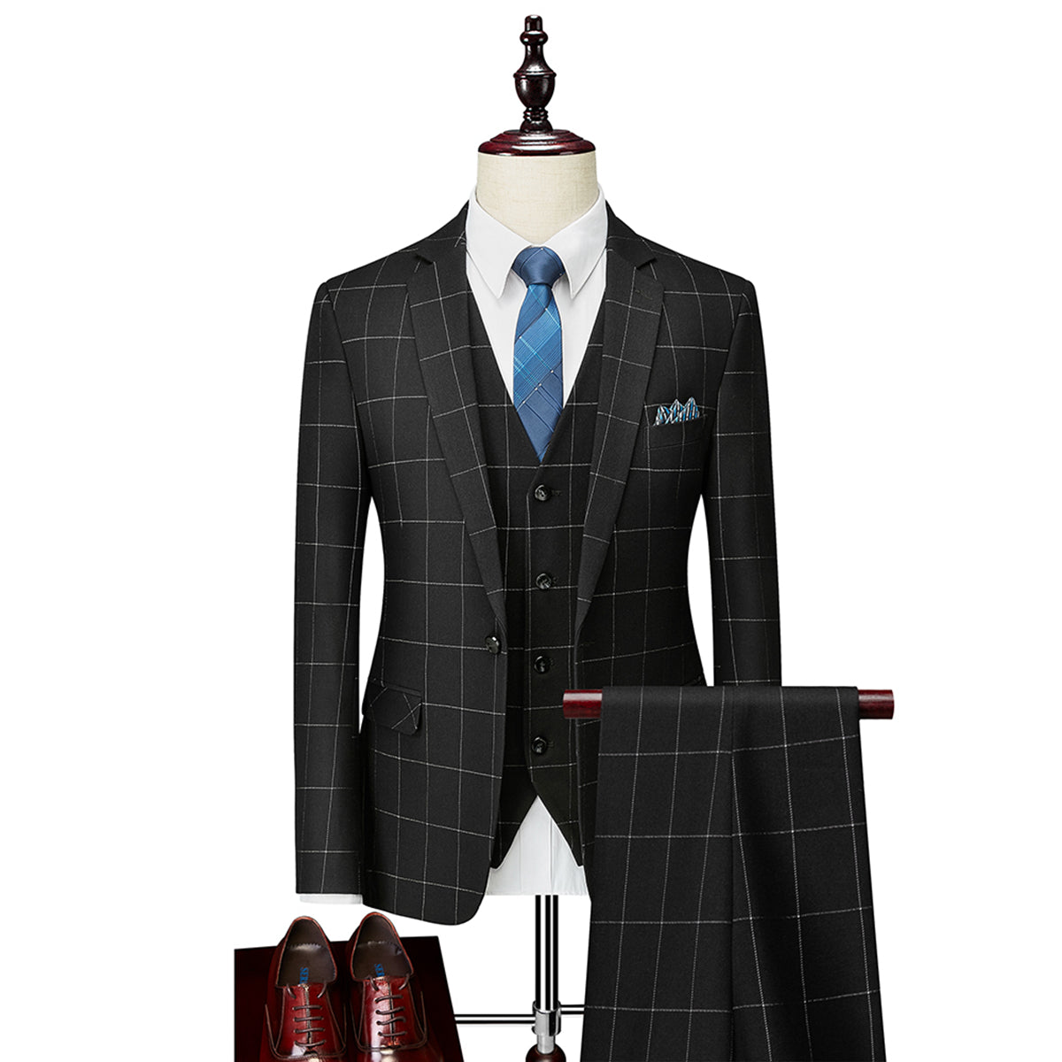 Tailored Fit Single Breasted One-button 3 Pieces Plaid Men's Wedding Suits Default Title