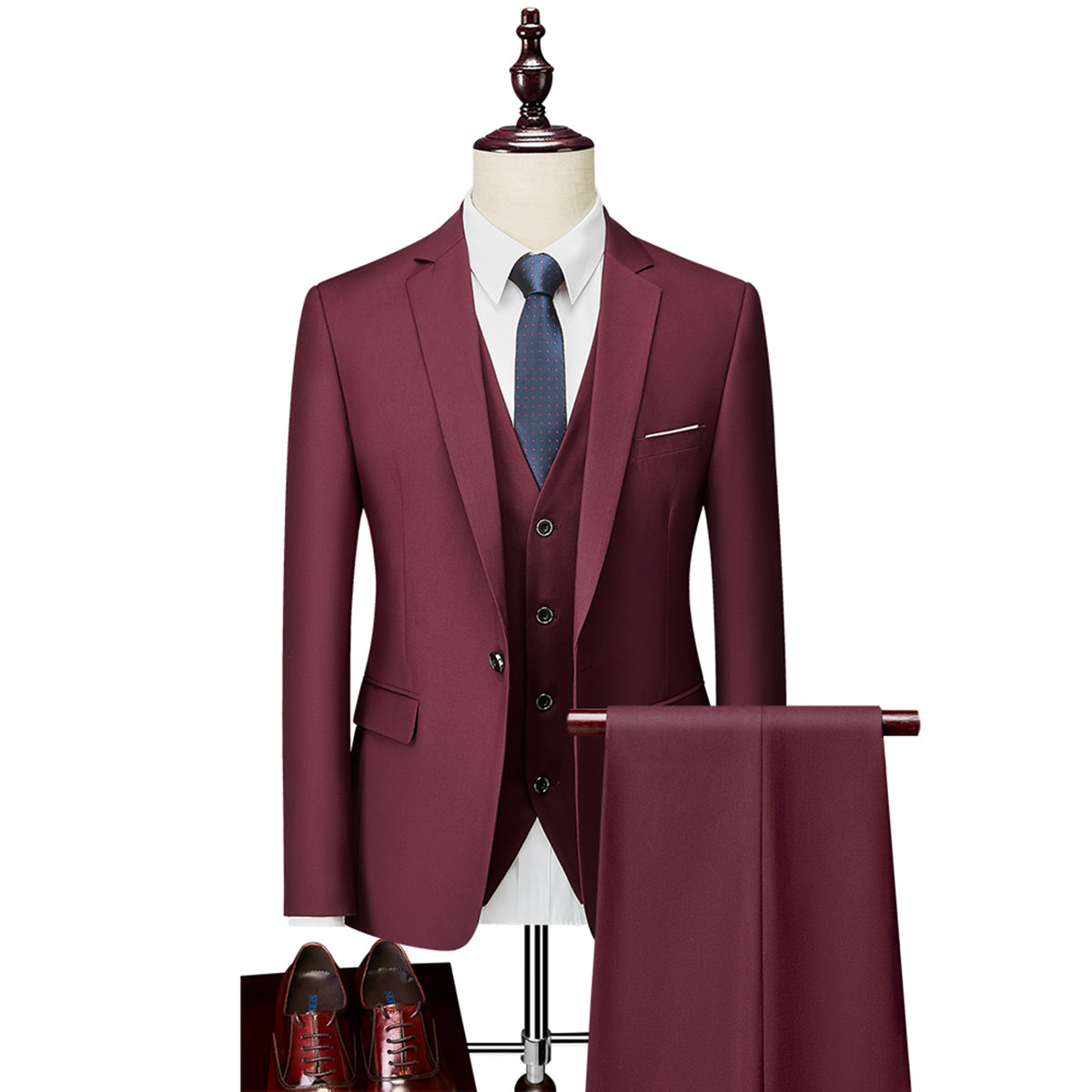 Tailored Fit Single Breasted One-button 3 Pieces Solid Colored Men's Wedding Suits Burgundy