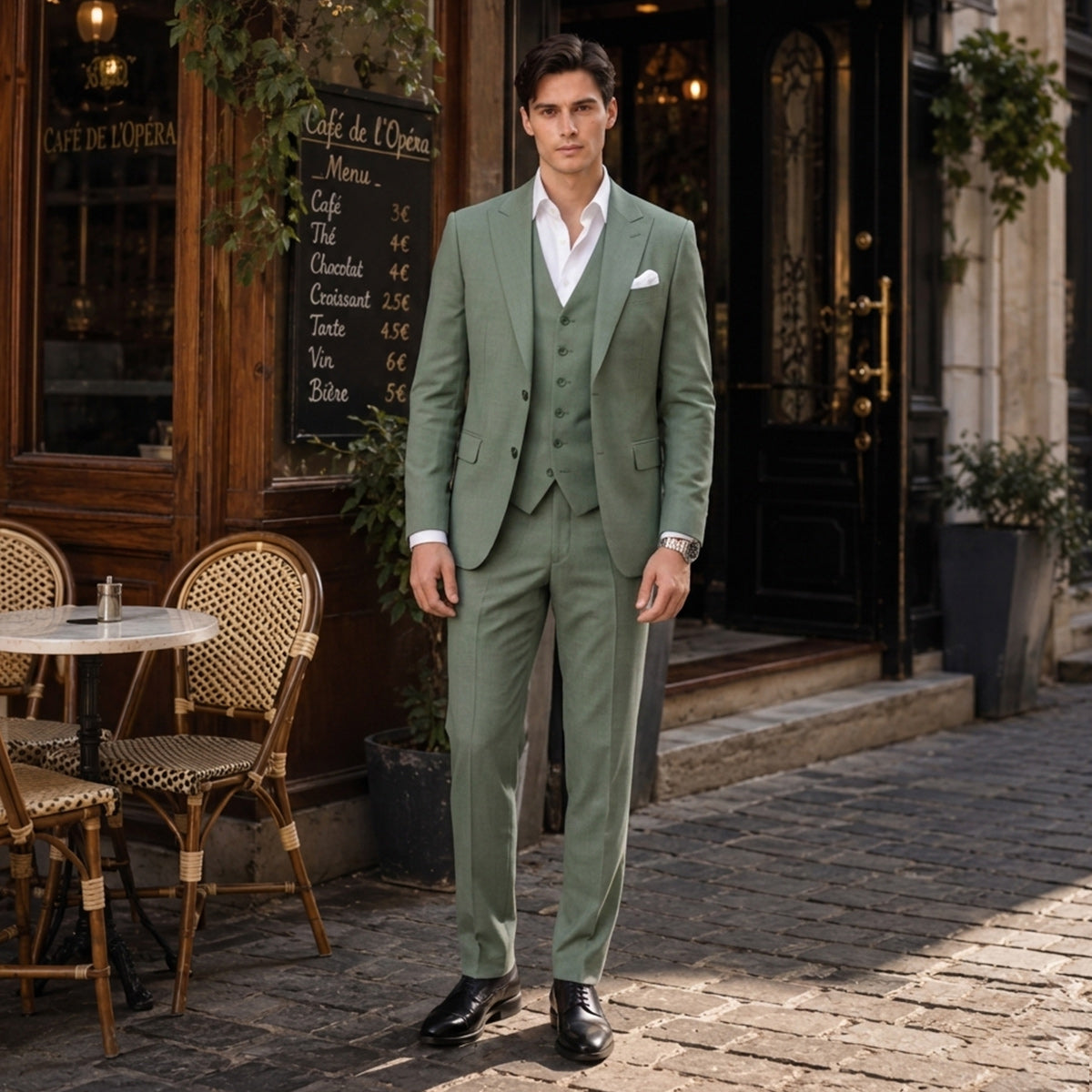 Tailored Fit Single Breasted Two-buttons 3 Pieces Solid Colored Men's Wedding Suits Sage Green