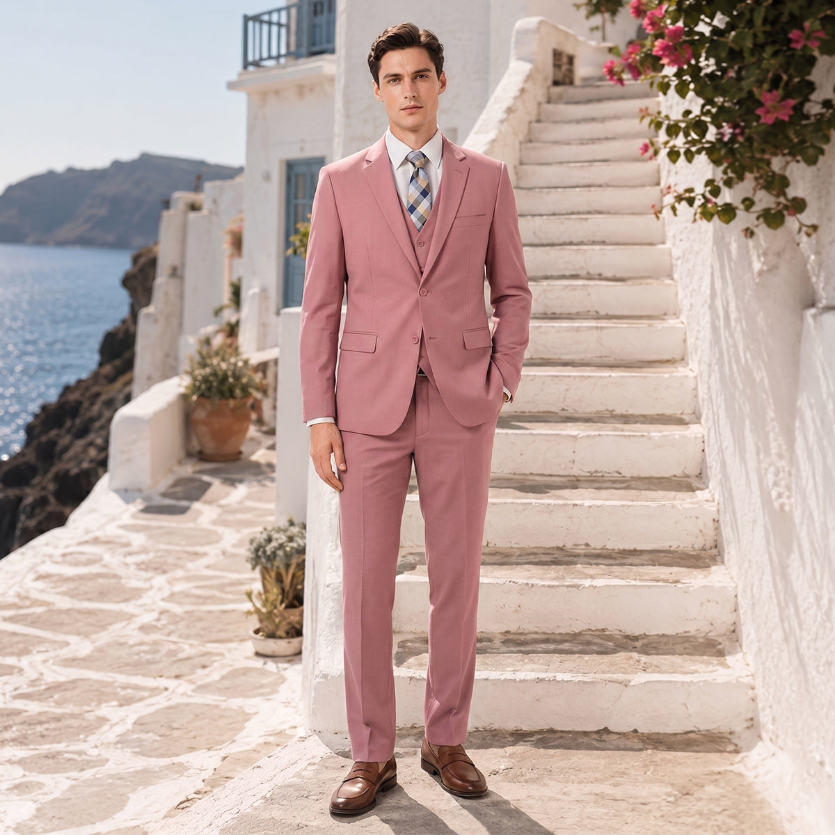 Tailored Fit Single Breasted Two-buttons 3 Pieces Solid Colored Men's Wedding Suits As Picture