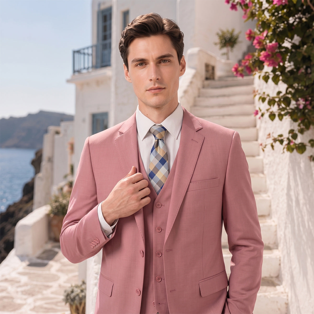 Tailored Fit Single Breasted Two-buttons 3 Pieces Solid Colored Men's Wedding Suits