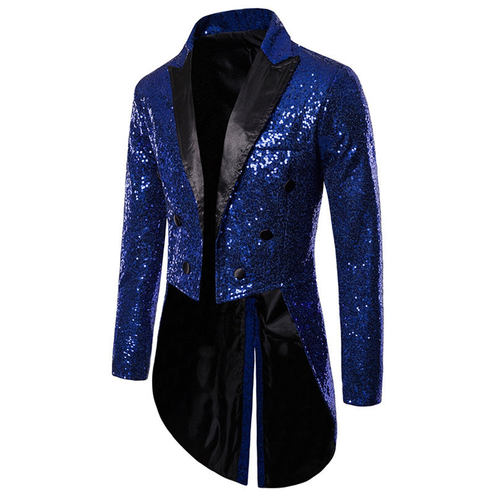 Tailored Fit Single Breasted Six-Button Sequin Colored Men's Party Jacket Dark Blue