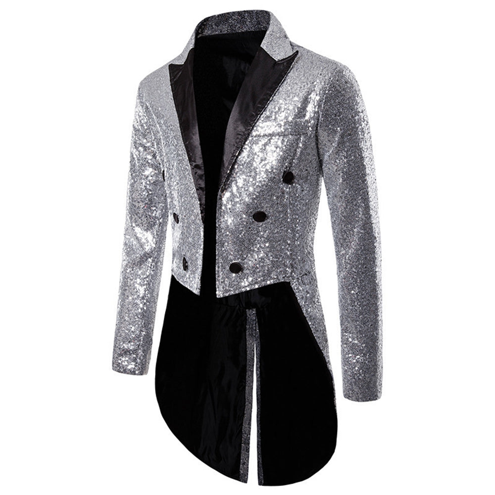 Tailored Fit Single Breasted Six-Button Sequin Colored Men's Party Jacket Silver