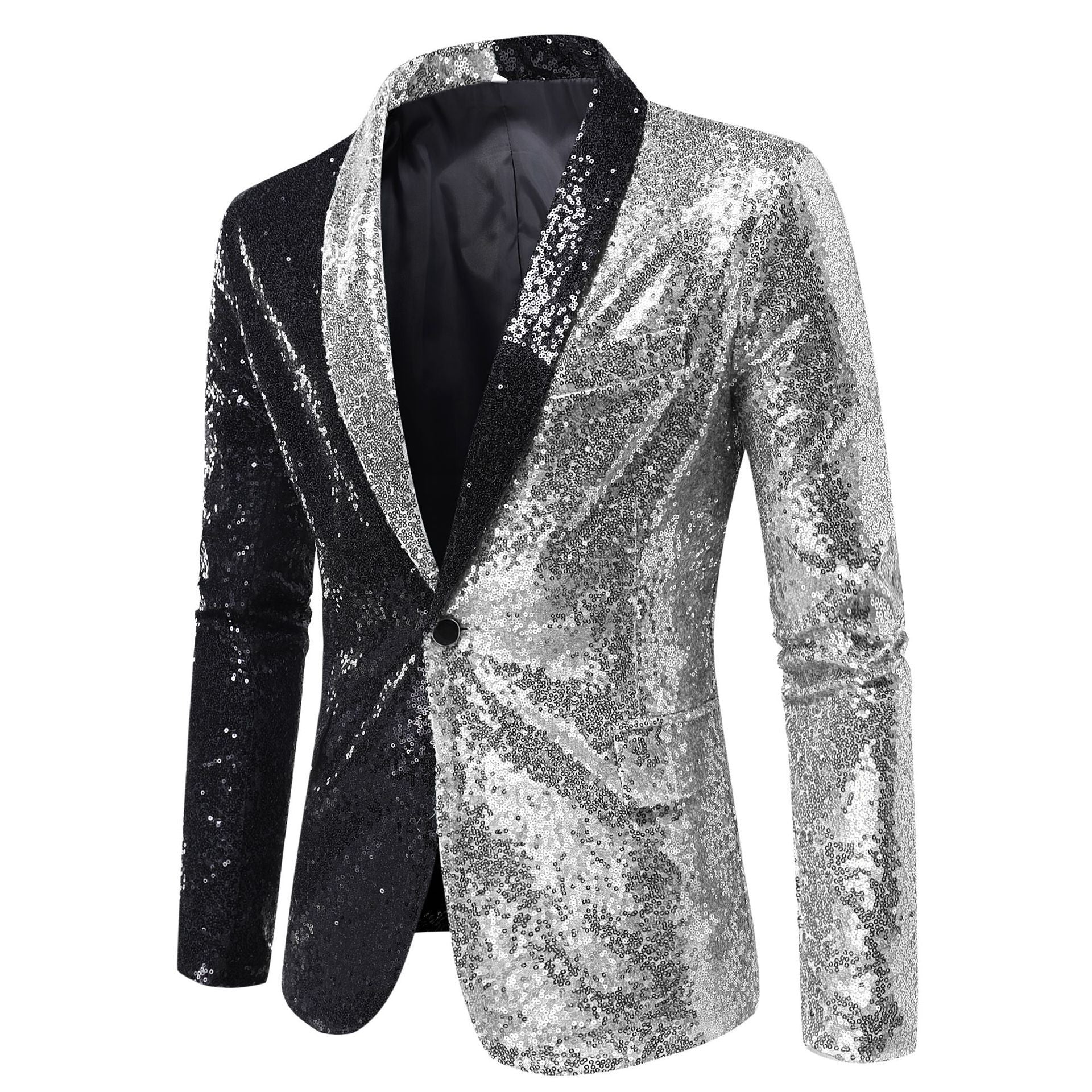 Tailored Fit Single Breasted One-Button Sequin Men's Party Jacket Silver