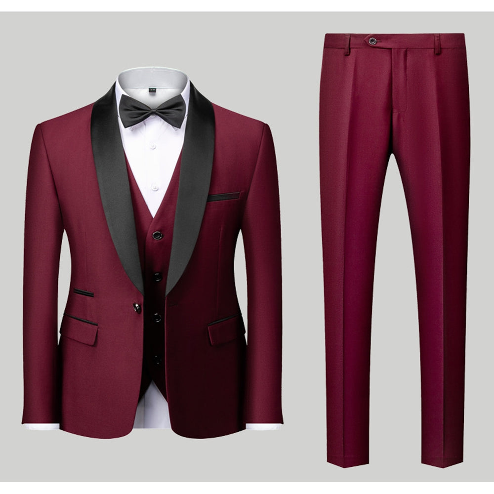 Tailored Fit Single Breasted One-Button 3 Pieces Patterned Men's Wedding Suits Wine Red