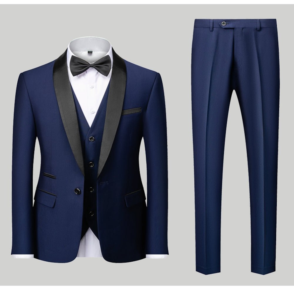 Tailored Fit Single Breasted One-Button 3 Pieces Patterned Men's Wedding Suits Navy Blue