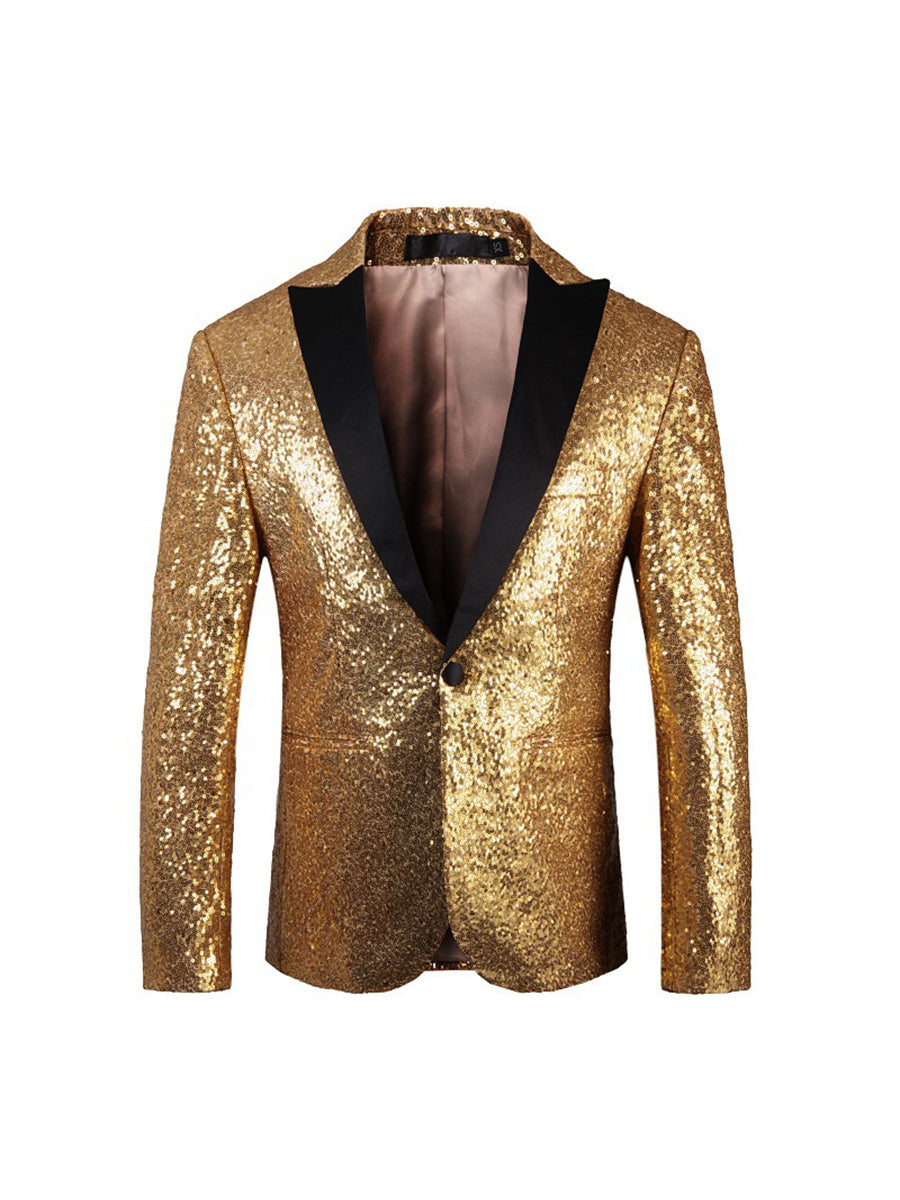 Tailored Fit Single Breasted One-Button Sequin Men's Party Jacket Gold