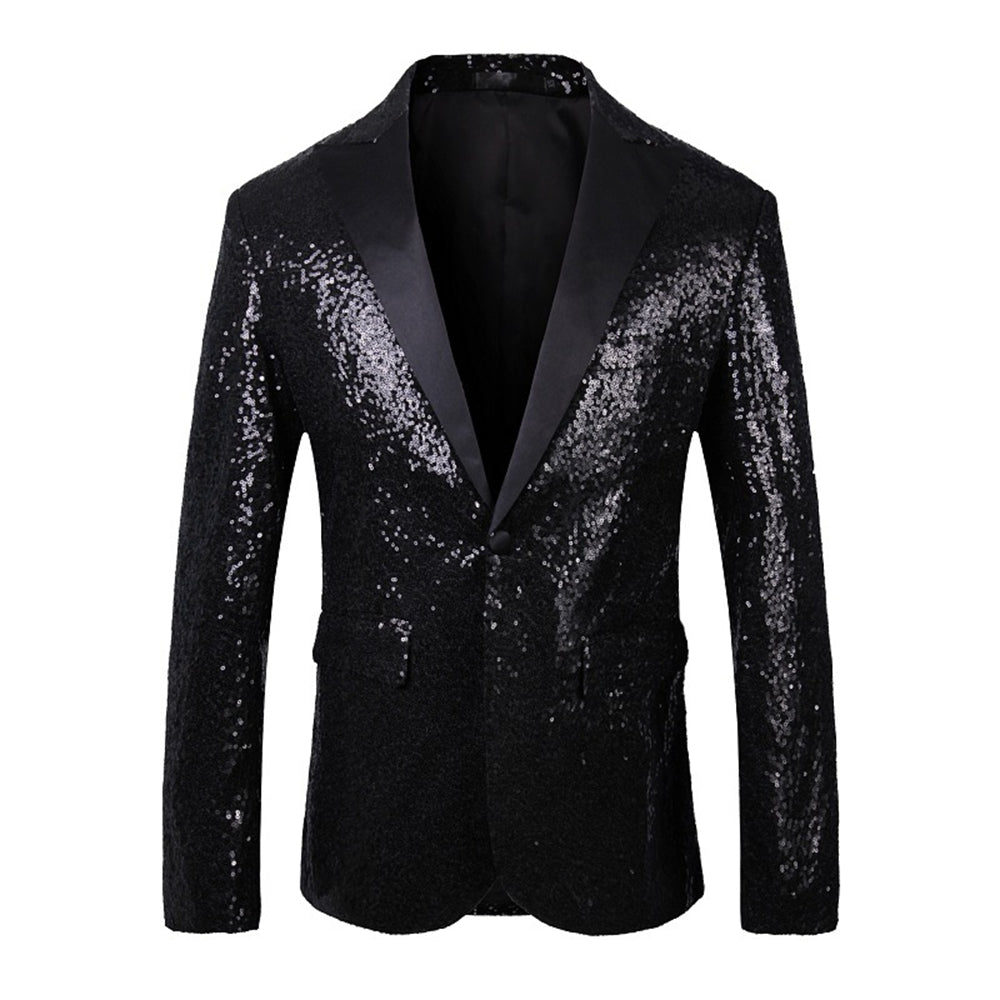 Tailored Fit Single Breasted One-Button Sequin Men's Party Jacket Black
