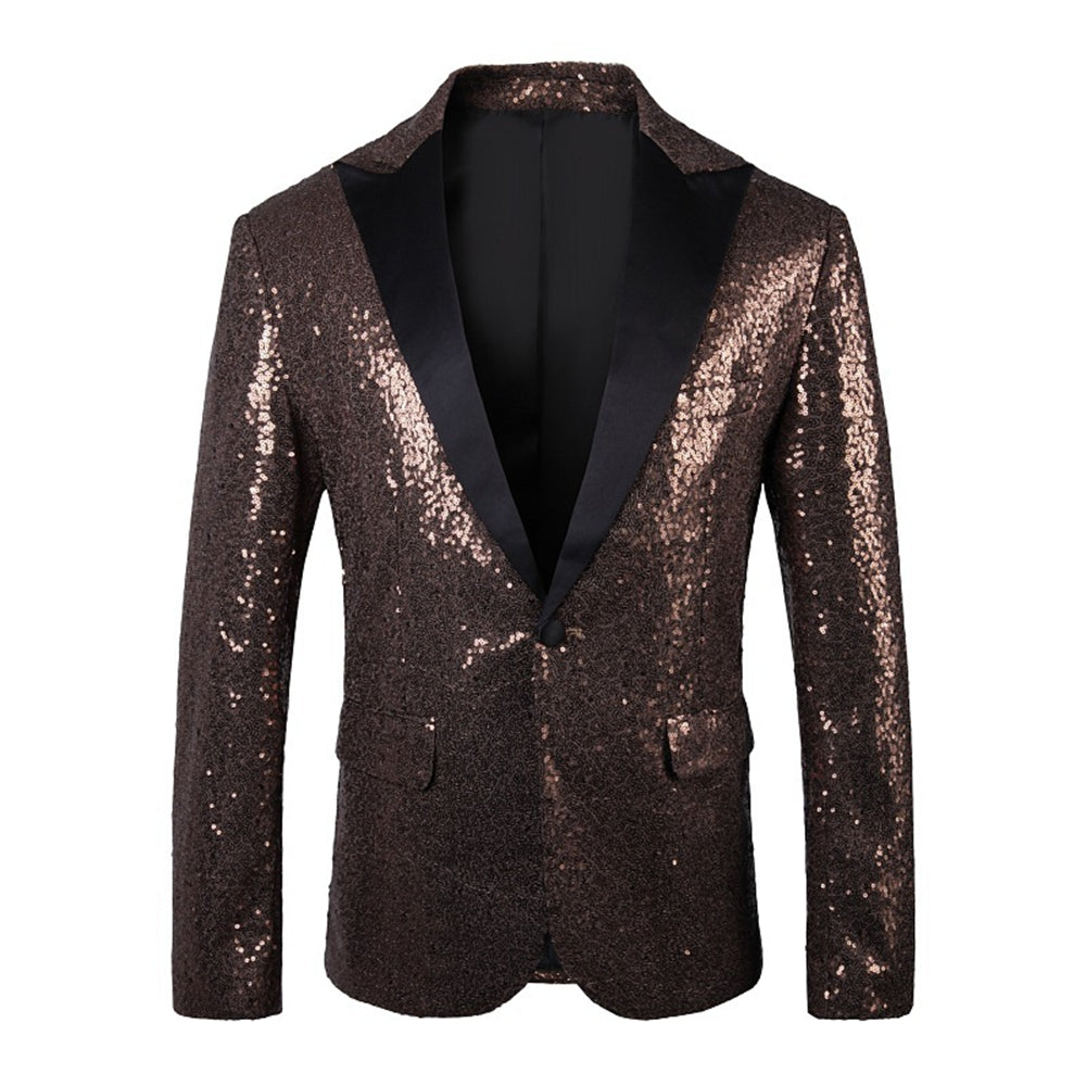 Tailored Fit Single Breasted One-Button Sequin Men's Party Jacket Coffee