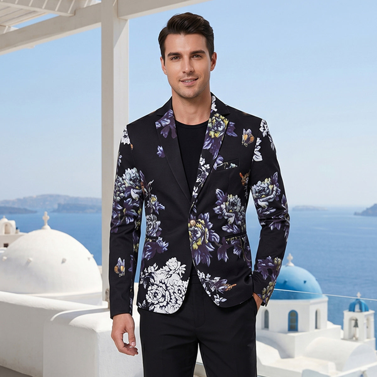Tailored Fit Notched Lapel Single Breasted One-button Men's Party Jacket Black