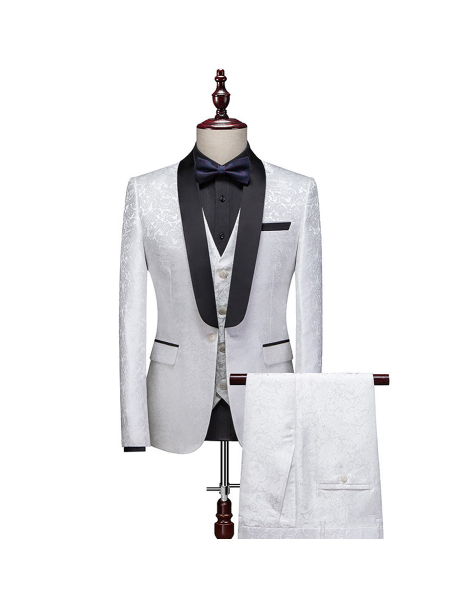 Tailored Fit Shawl Lapel Single Breasted One-button 3 Pieces Patterned Men's Wedding Suits White